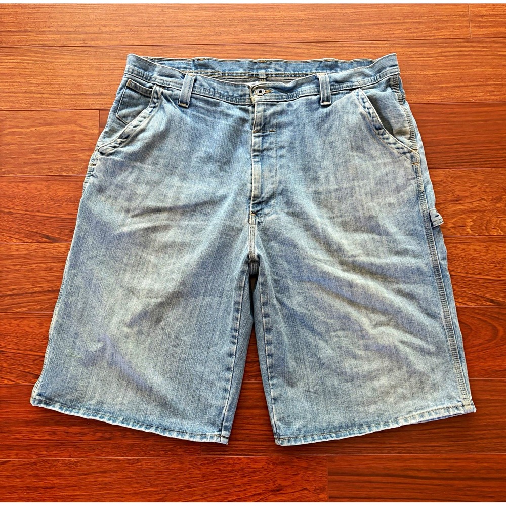 Vintage Polo Jeans Co. Light Wash Blue Denim Carpenter Shorts Logo Pockets Zip